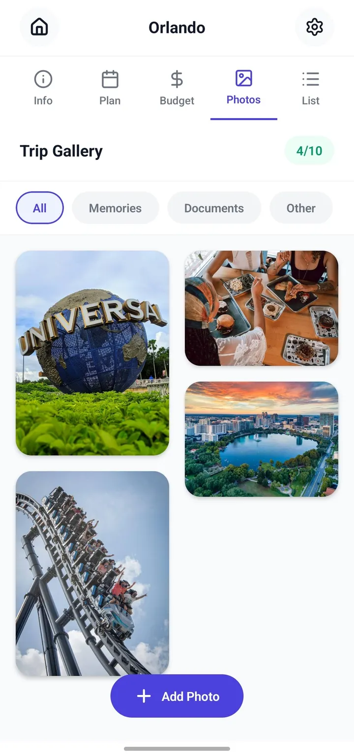 Triply Trip Gallery ekranı, paylaşılan fotoğraflar