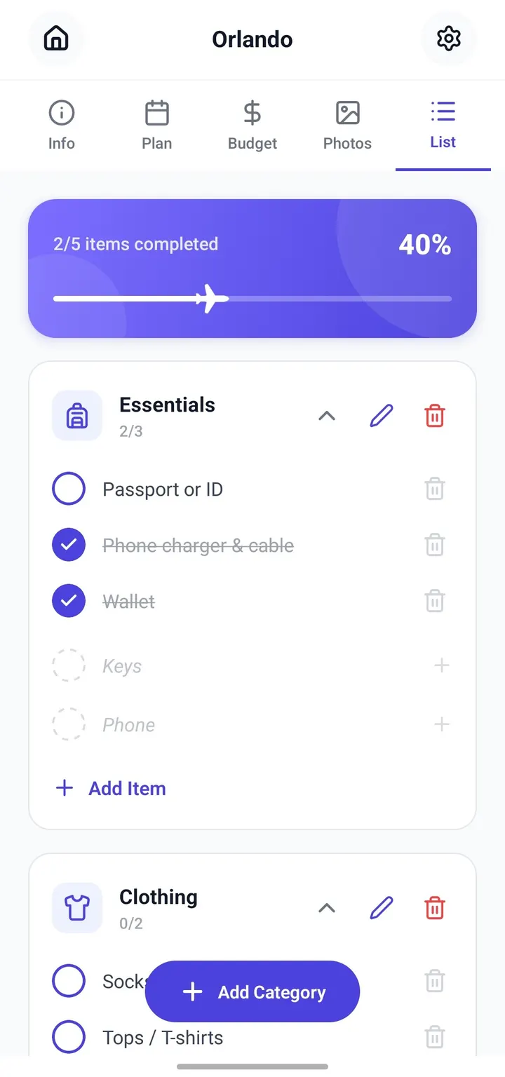 Triply paket listesi ekranı, kategori bazlı checklist