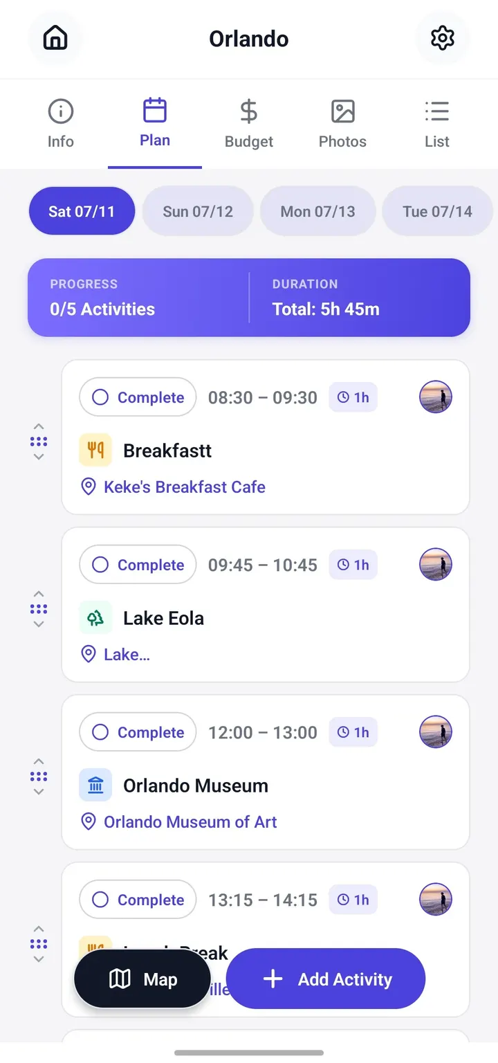 Triply Plan ekranı — günlük gezi planlayıcı