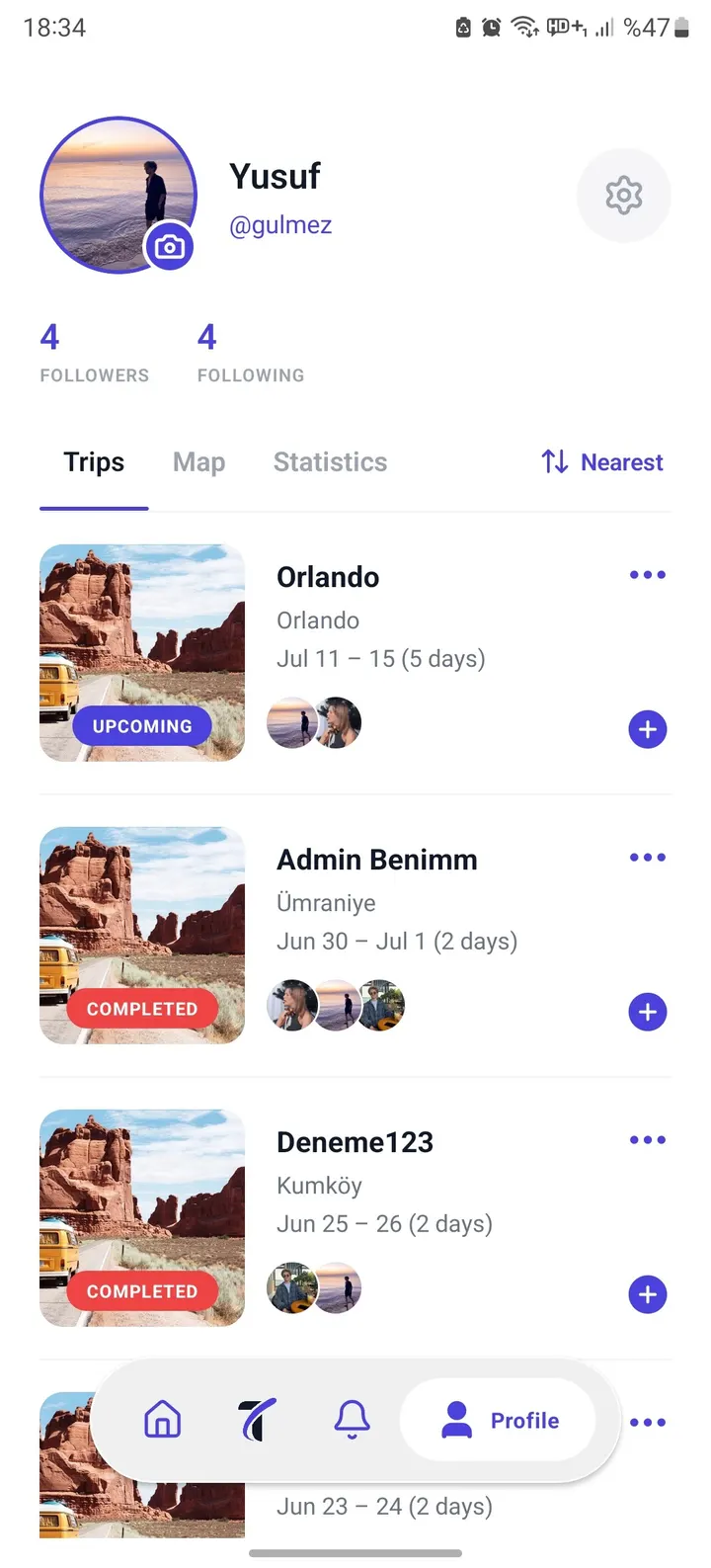 Triply Profil ekranı, takipçiler ve gezi geçmişi